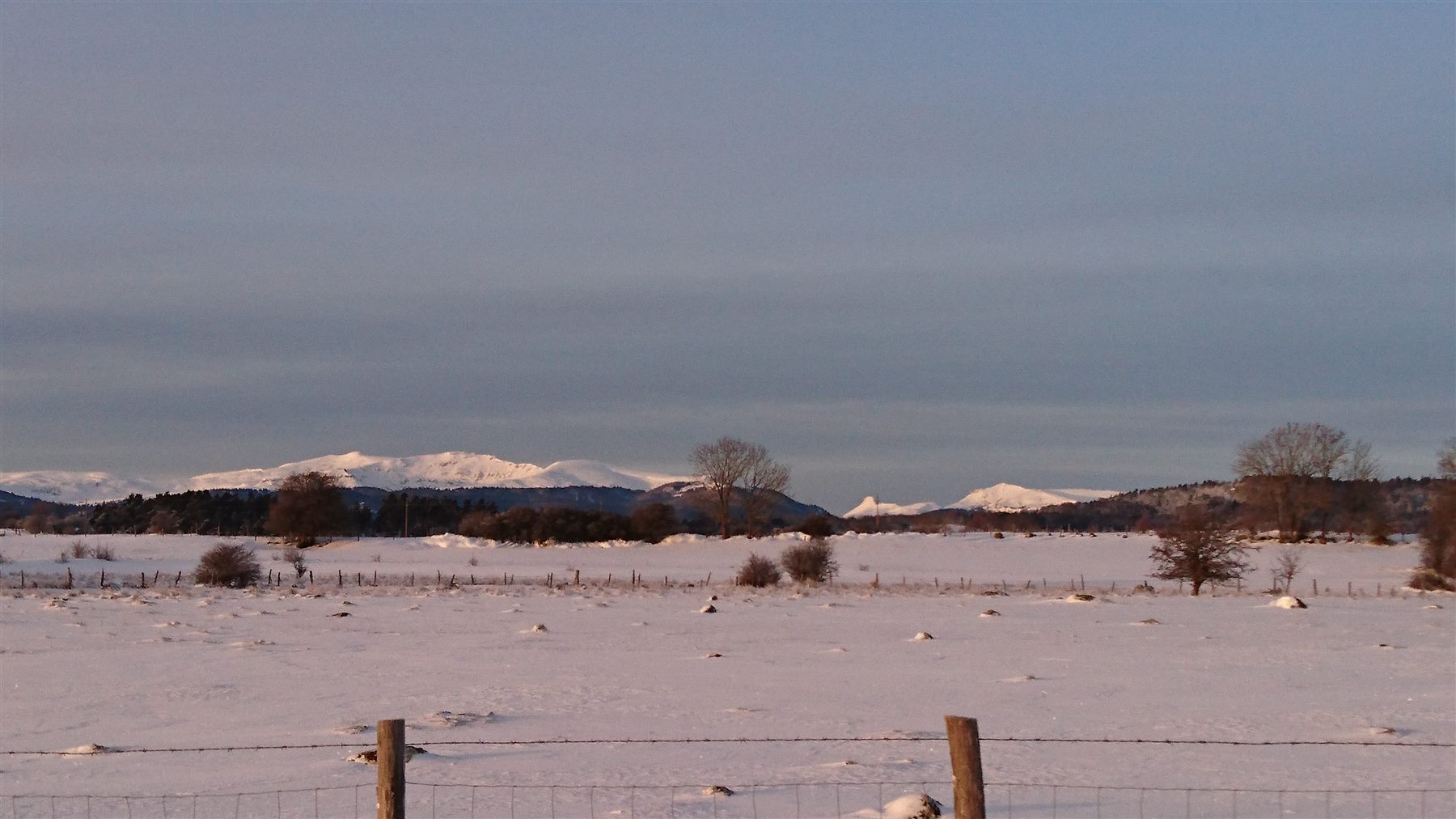 Monts du Cantal enneigés depuis le plateau
